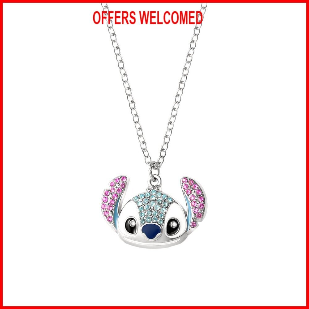 Sterling Silver Stitch Pendant Necklace with Pave Crystals, Adjustable 16"+3"